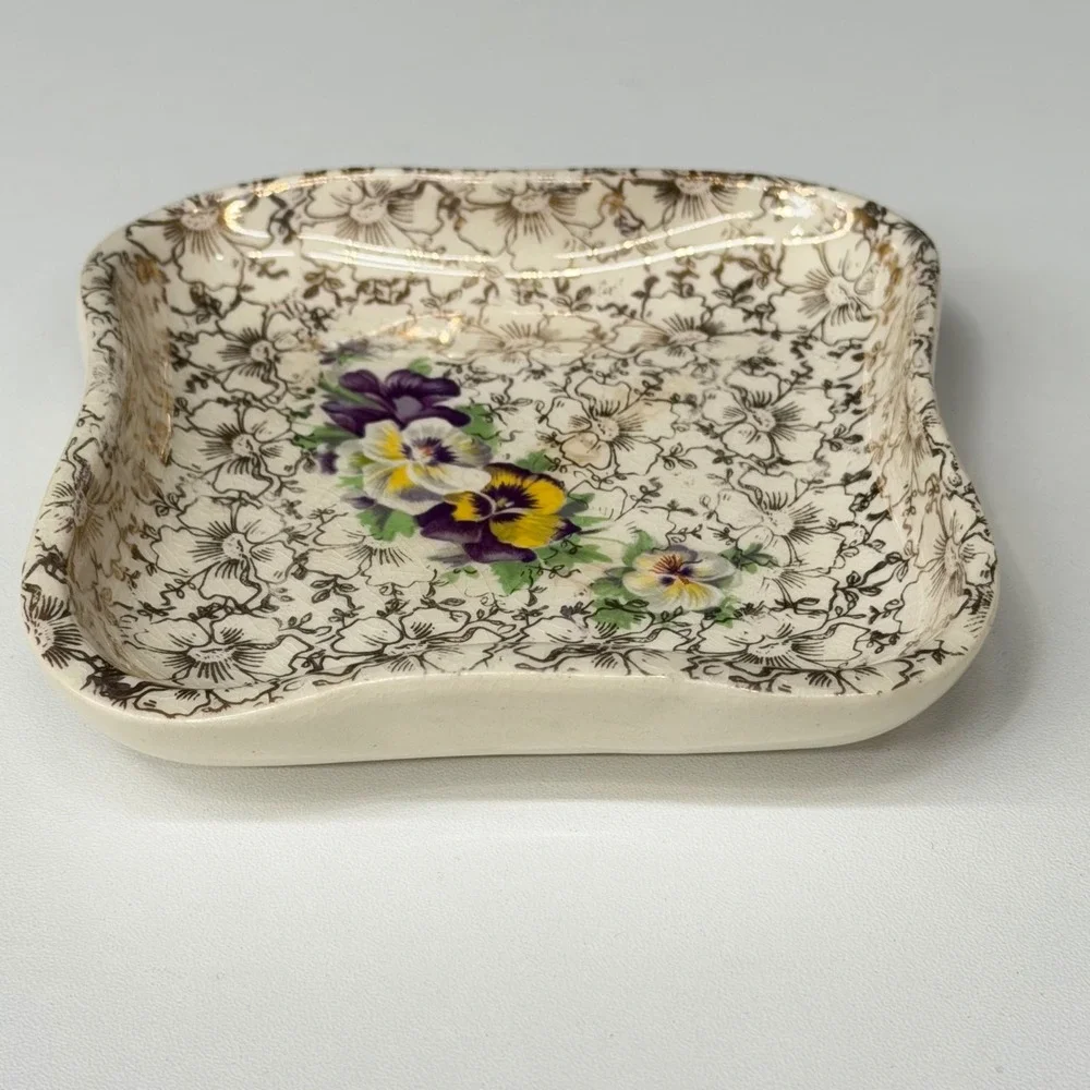 Vintage Pansy Floral Porcelain Trinket Dish Square Jewelry Ring Vanity Pin Tray